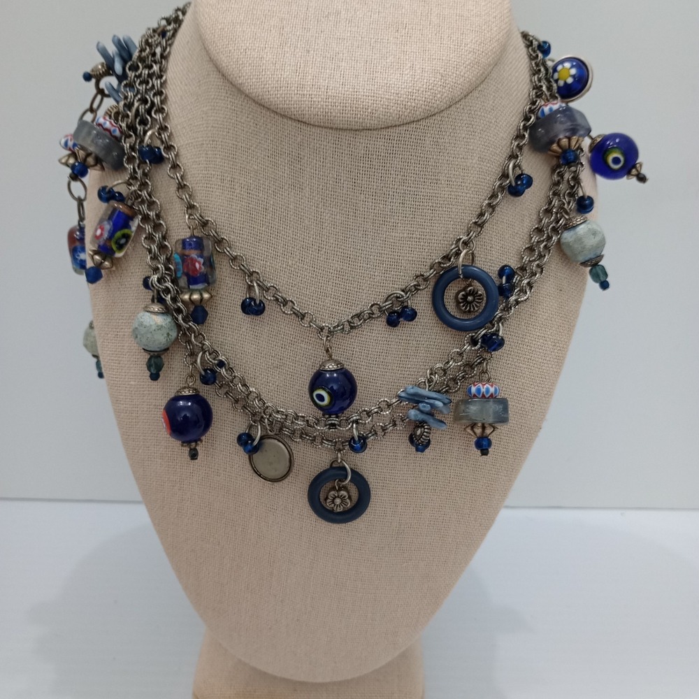 Treska Multi Strand Blue Glass Charm Necklace Silver Tone Signed - Picture 2 of 9